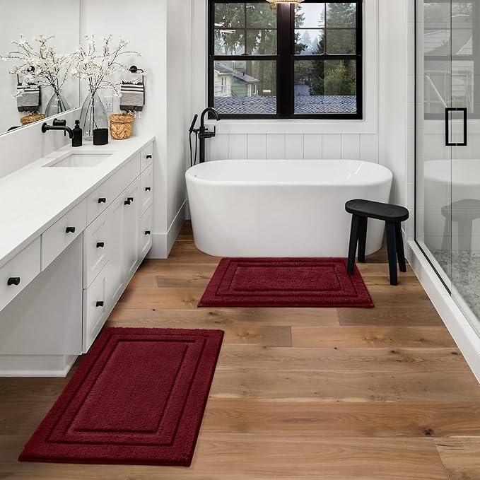 HOMEIDEAS Bathroom Rugs Sets 2 Piece, Super Soft and Absorbent Non Slip Microfiber Machine Washable Bath Mat Set (20" x 32" + 16" x 24", Burgundy Red)