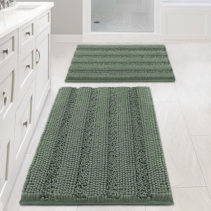 H.VERSAILTEX Bath Mat Set, 2 Piece Bath Mats Non Slip Thick Soft Chenille Striped Bath Rug Set, Bath Mats for Bathroom Sets (Green Bay, 20" x 32"/17" x 24")