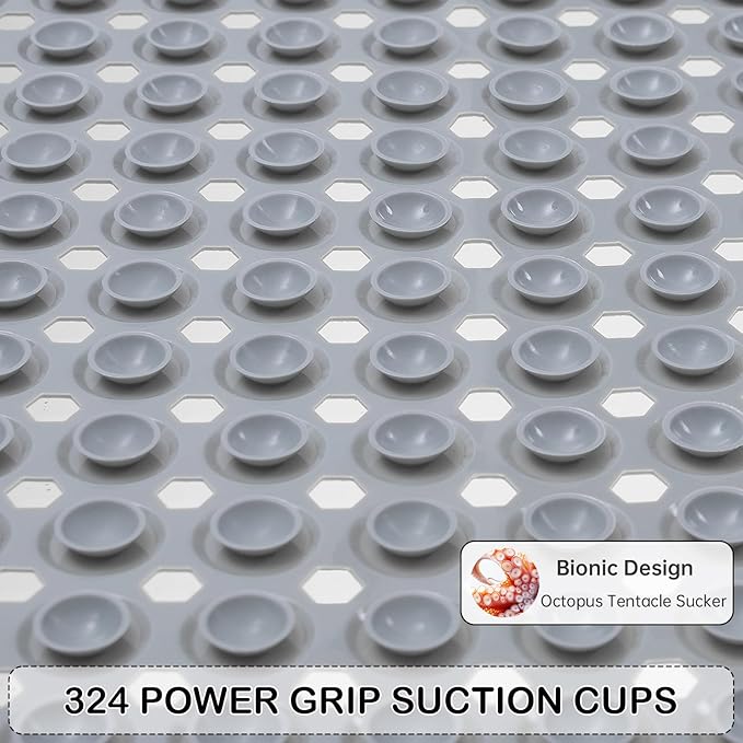 Linoows Non-Slip Bathtub and Shower Mats, Power Grip Bath Mat 35 x 16.3 Inch with Suction Cups and Drain Holes for Tub Bathroom Floor Safety, Machine Washable Soft Bathmat, Gray