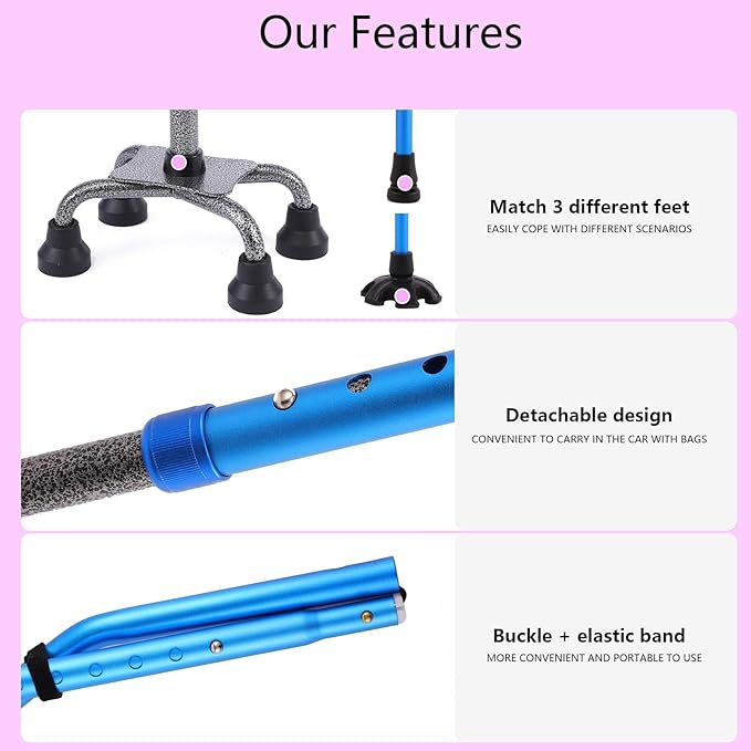 LIXIANG Walking Canes Stablize Women Quad Canes for Seniors & Adults Foldable Adjustable for Men & Women Heavy Duty Freestanding Cane for People with Leg Injuries 3 footings