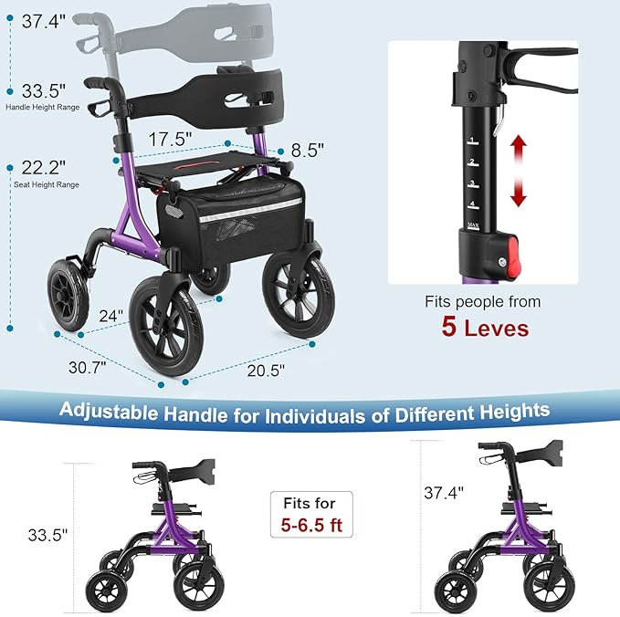 Walkers for Seniors, Rollator Walker with Seat, 12" Big Rubber Wheels All Terrain Rollator Walker with Backrest, Built-in Cable, Cup Holder, Foldable and Height Adjustment for Seniors, Purple