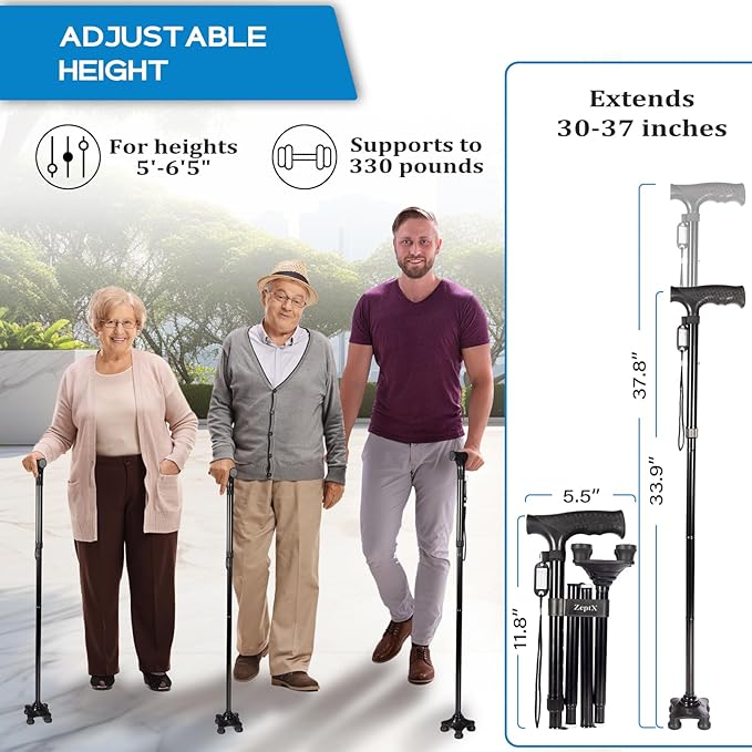 Folding Walking Quad Cane for Men and Women,Ultra Lightweight Sturdy Height Adjustable Nonslip Rubber Tips Free Standing Cane,Collapsible Walking Sticks for Seniors & Adults [Black]