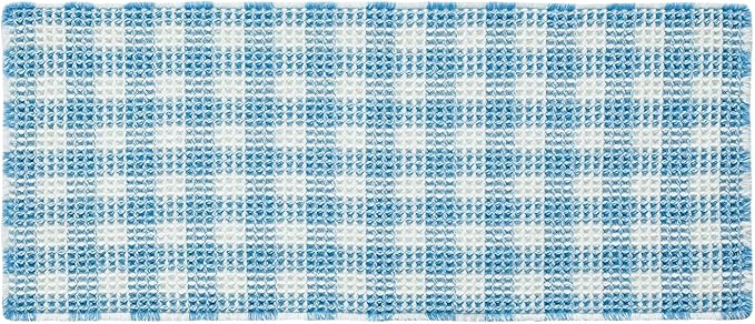 Waffle Runner Rug Bathroom, Long Boho Bathroom Rugs Non Slip Washable Absorbent Checkered Bathroom Mat Quick Dry Cute Bath Mat, 60"x24" Blue and White