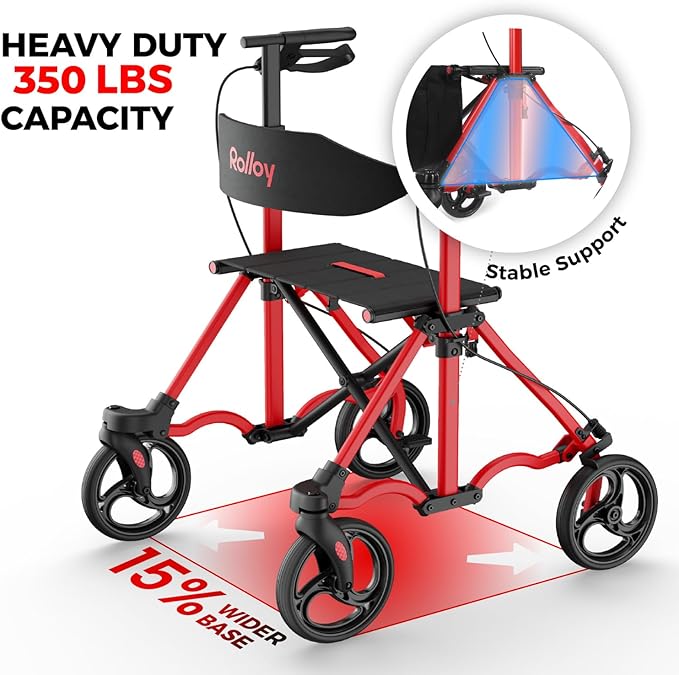 Rollator Walkers for Seniors with Seat, Lightweight Ultra-Compact Travel Rolling Walker, 350lbs Capacity, Heavy-Duty Extra-Wide Seat, Easy Folding, Height Adjustable for Tall Over 6ft, 8" Big Wheels