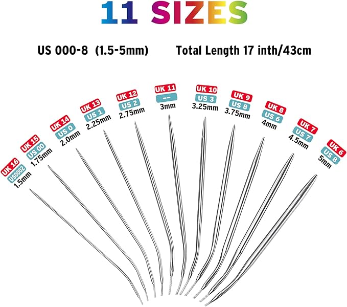 16 Inch Circular Knitting Needles Set, Stainless Steel Round Knitting Needles,11 Pack Sizes 1.5-5mm Metal Circle Knit Needle with Magic Loop for Socks, Knit Tools Set for Beginners
