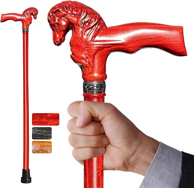 Wood Walking Cane, Elegant Hand-Carved Horse Head Wooden Walking Cane for Men and Women, Handmade Stylish Canes for Seniors, Light Stable High-end Canes Suitable for Gift Giving