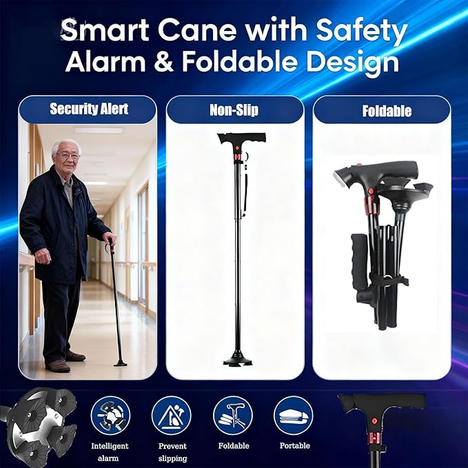 CaneHero Walking Cane, Cane Hero Walking Stick for Men & Women Smart Cane with LED Light & Emergency Alarm, Adjustable, Foldable, Lightweight with Non-Slip Base for Seniors, Support & Safety
