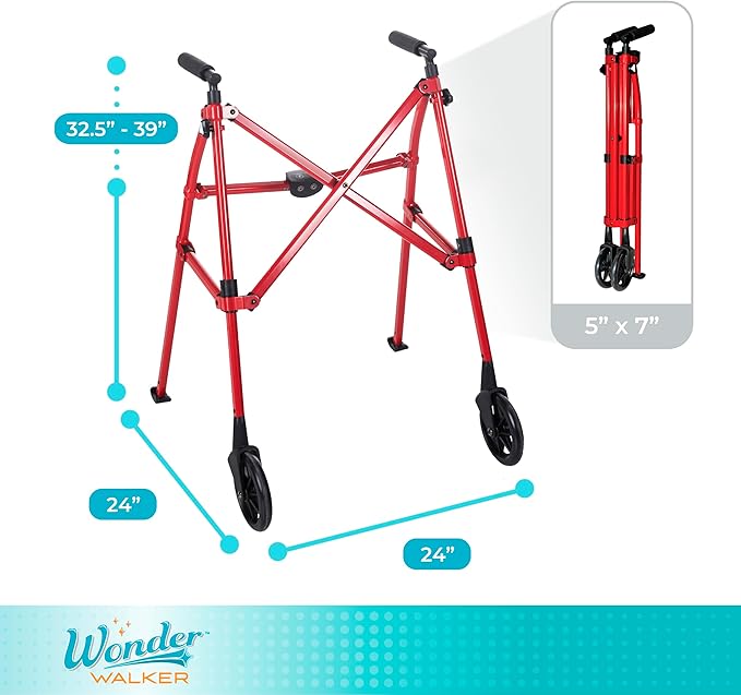 Stander Space Saver Walker, Lightweight Folding Rolling Mobility Aid for Seniors & Adults, Compact 2-Wheel Disability Device with 6-inch Wheels & Ski Glides for Walking Support, Sport Red