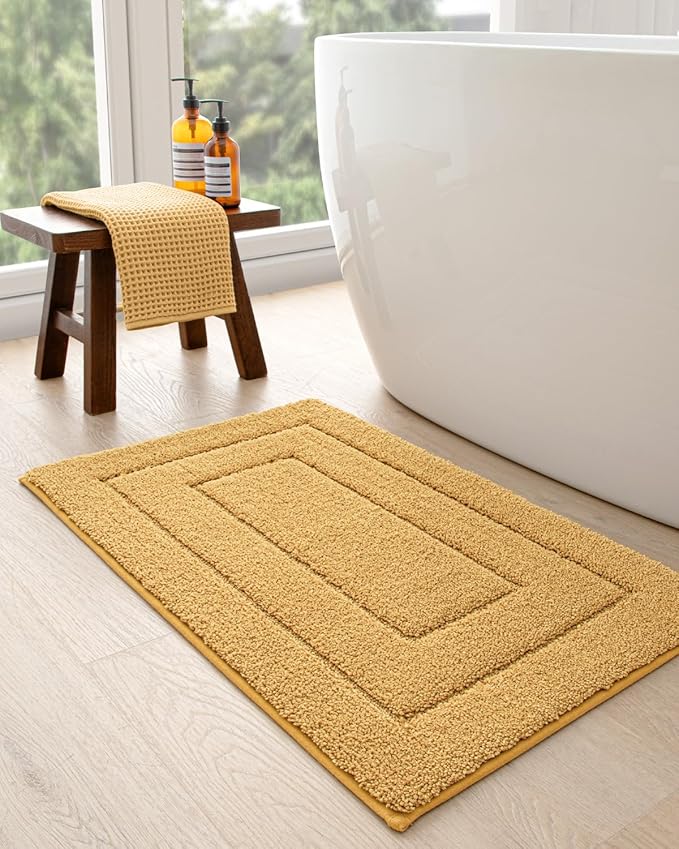 DEXI Bathroom Rug 24x16, Non Slip Washable Bath Mat for Shower Floor, Absorbent Soft Bathmat with Rubber Backing, Quick Dry Microfiber Carpet, Yellow