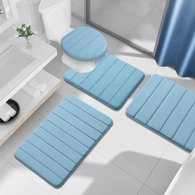 Buganda Memory Foam Bath Mat, 34" x 20", Ultra Soft and Non-Slip Bathroom Rugs, Water Absorbent and Machine Washable Bath Rug for Bathroom, Shower, and Tub, Blue