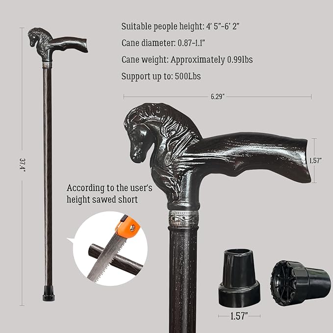 Wood Walking Cane, Elegant Hand-Carved Horse Head Wooden Walking Cane for Men and Women, Handmade Stylish Canes for Seniors, Light Stable High-end Canes Suitable for Gift Giving