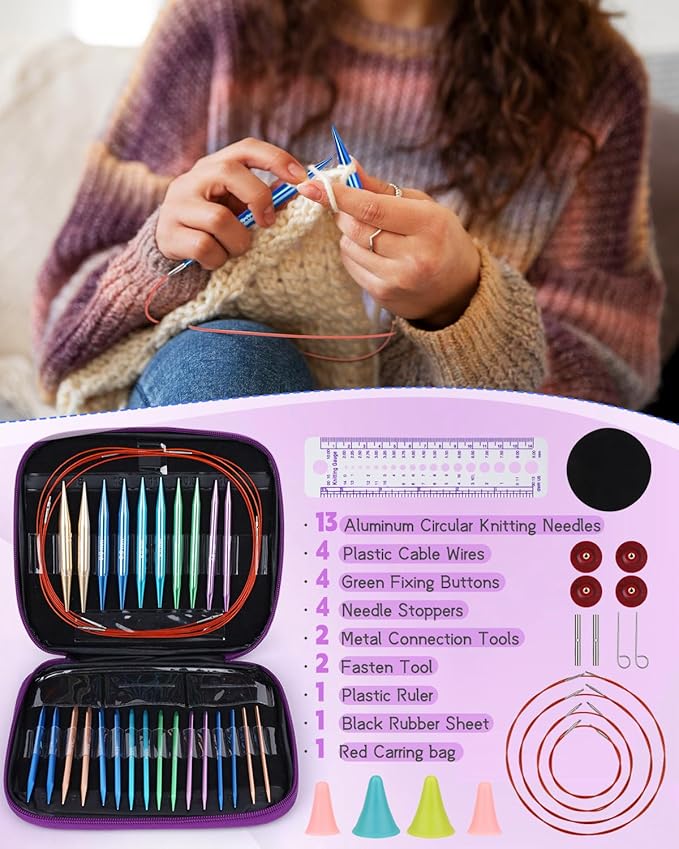 Aeelike Interchangeable Knitting Needles Set,13 Pairs Circular Knitting Needles Aluminum (Size 3.0mm-10.0mm) with 4 Cables for DIY Crafts Socks Blankets Cushions, Ideal Crochet Gift