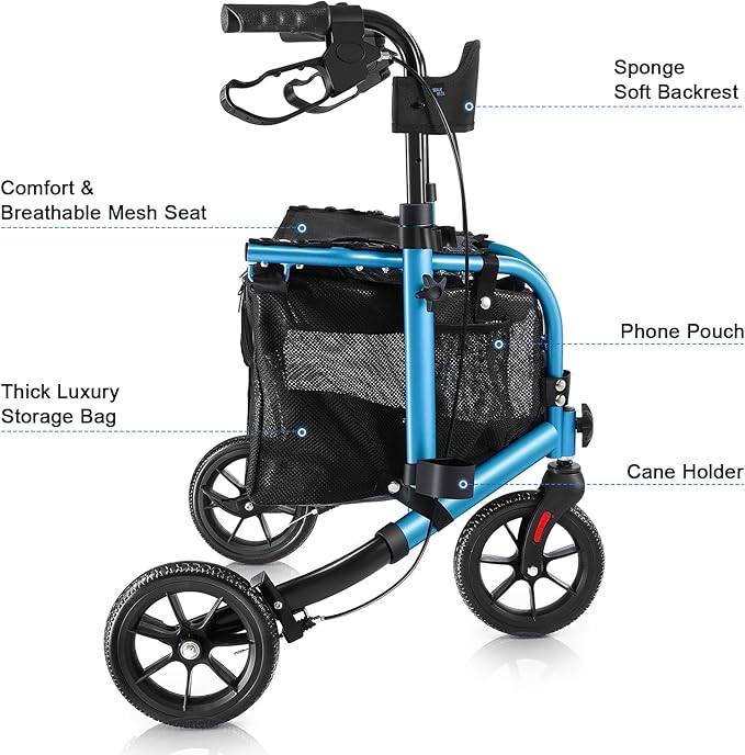 WALK MATE 3 Wheel Rollator Walker with Seat for Slim Seniors, Padded Backrest Lightweight Foldable Walker Ideal for Elderly, 8 Inch Tri-Wheel Modern Mobility Walking Aid Aluminum, Blue