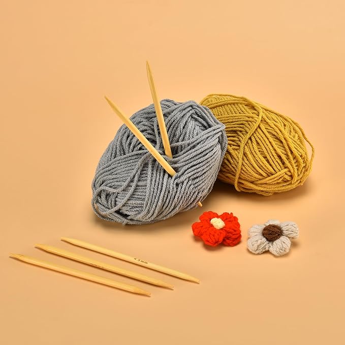 Double Pointed Knitting Needles Set,55 Pcs Bamboo Knitting Needles Kit,Short 13cm/5.1in (2.0mm-5.0mm),with Small Tools,Straight Wooden Needles for Beginners,Sock,Handmade Weave DIY Lover