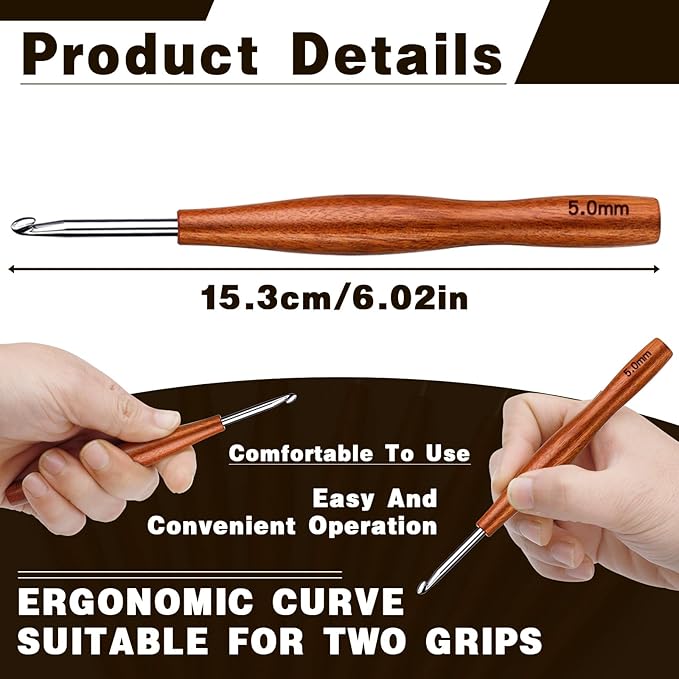Nitlak 5mm Crochet Hook, Available in 1.5mm-6.0mm, Aluminum Ergonomic Crochet Hook with Wooden Handle for Arthritic Hands, Beginners, Knitting Needles for Birthday Gifts