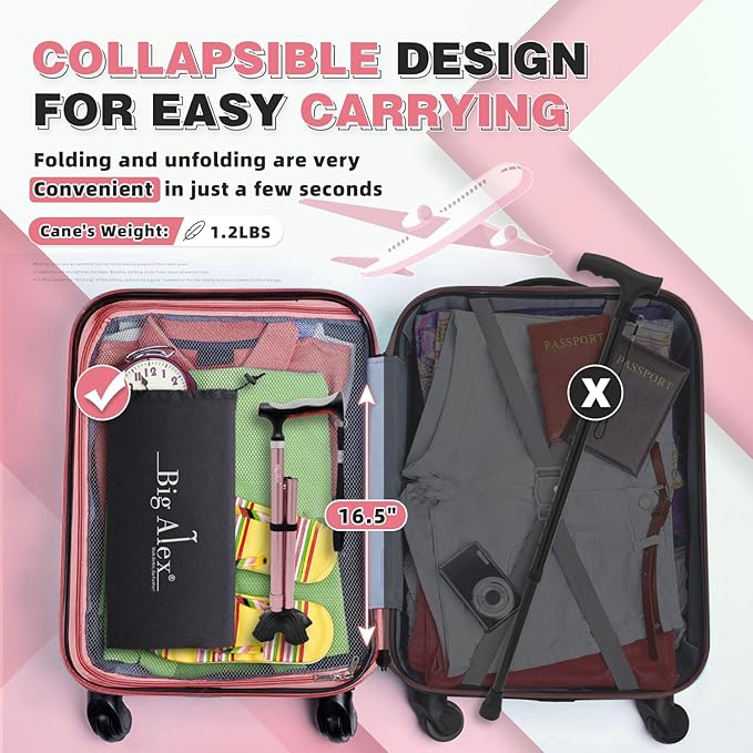 BigAlex Lightweight Collapsible Walking Cane with Soft Comfortable TPR Handle for Seniors and Elderly Adults, Larger Handle for Comfort, Adjustable Support Stick, Portable Travel Aid for Men & Women