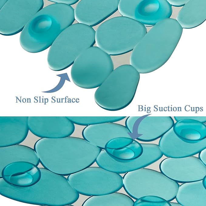 Bath Shower Mat Non Slip: Extra Large Pebble Bathtub mat for Families, Anti Slip Shower Matt with Drain Holes Suction Cups Tub Mat - 16 X 40 Inch Clear Green