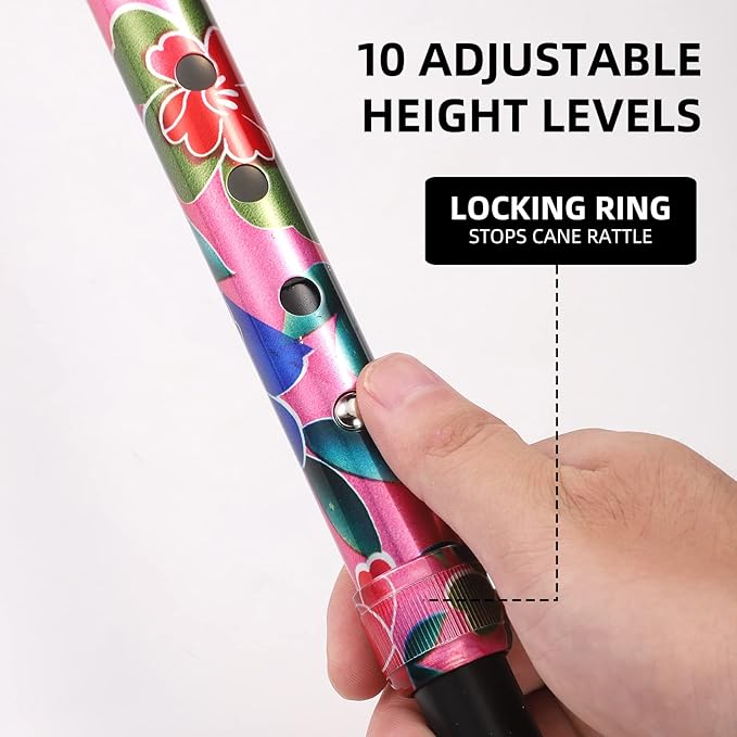 Walking Cane for Women & Men, Adjustable Quad Cane with 4-Prong Base for Stability and Balance, Folding Aluminum Walking Stick for Seniors