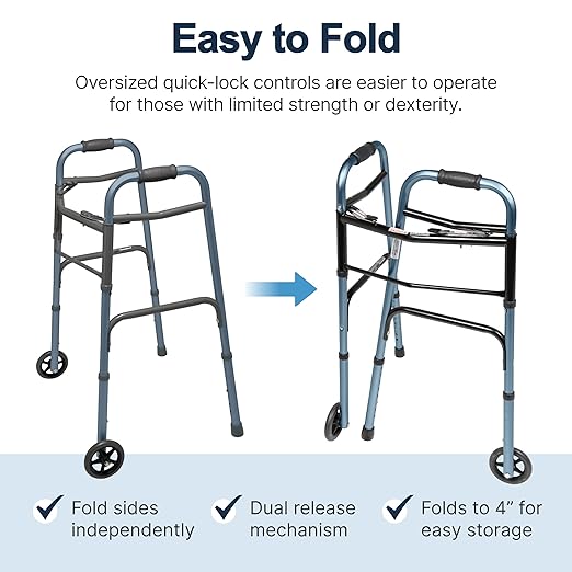 Lumex ColorSelect Walkers for Seniors, Rolling & Folding Adult Walker with Wheels, Blue