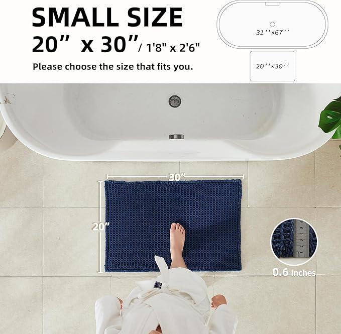 Waffle Bath Mat, Boho Bathroom Rugs Non Slip Washable Super Absorbent Quick Dry Bath Mat Farmhouse Bathroom Decor, 30"x20" Navy Blue