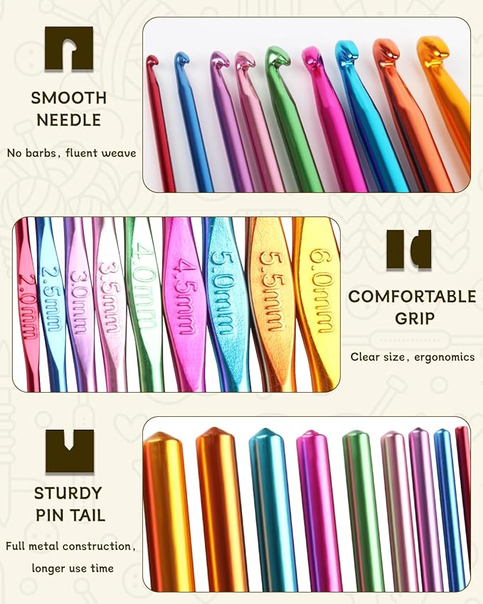 Coopay Crochet Hooks 19PCS Multicolor Aluminum Crochet Set, Smooth Crochet Hook Kit with Stitch Markers, Beginners Crochet Needles for Crocheting Yarn, 2.0mm-6.0mm Crochet Hook for Arthritic Hands