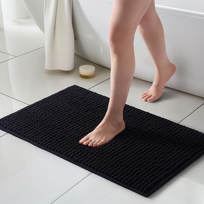 FRESHMINT Thick Chunky Chenille Bathroom Rugs 20"x32", Non Slip Bath Mat for Bathroom Floor, Large Soft Bathroom Decor Accessories, Cute Shower Mat Water Absorbent, Washable, Black
