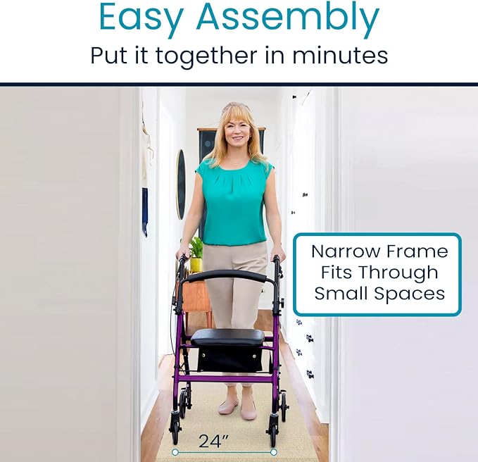 Vive Ultra Lightweight Rollator Walker with Seat - Foldable, Narrow, Rolling Senior Walker for Small Spaces - 4 Wheel Aluminum Adult Easy Drive Aid with Underseat Accessory - Weighs Only 14 Lbs