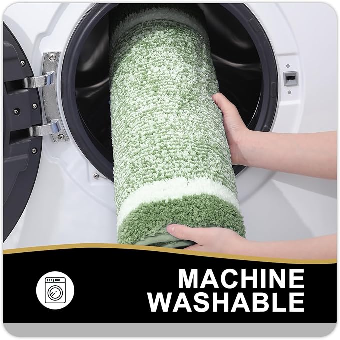 OLANLY Toilet Rugs U-Shaped 24x20, Extra Soft and Absorbent Microfiber Bathroom Rugs, Non-Slip, Machine Wash Dry, Plush Shaggy Contour Bath Mats for Toilet Base (Sage Green and White)