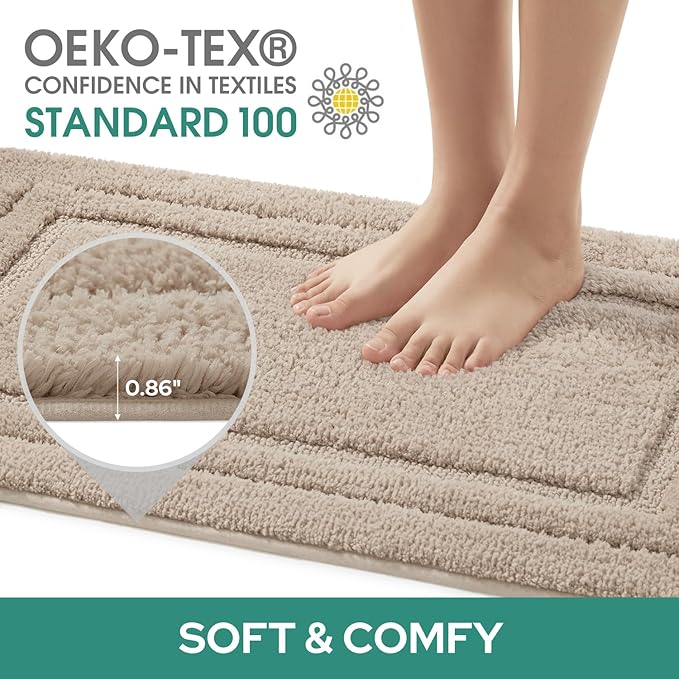 HOMEIDEAS Bathroom Rugs Sets 2 Piece, Super Soft and Absorbent Non Slip Microfiber U-Shaped Toilet Bath Mat Set (20"x32"+U20 x24, Beige)