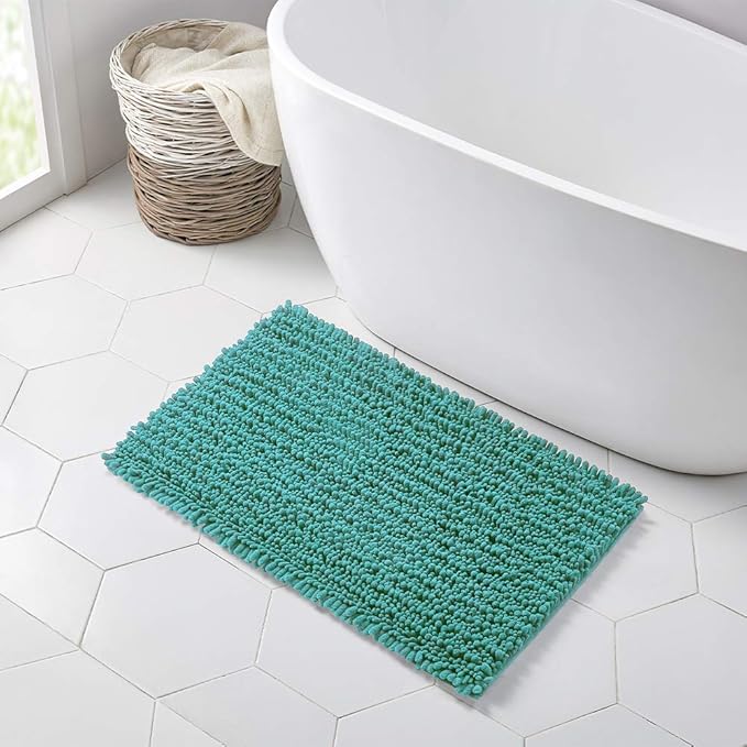 Walensee Bathroom Rug Non Slip Bath Mat (32x20 Inch Turquoise) Water Absorbent Super Soft Shaggy Chenille Machine Washable Dry Extra Thick Perfect Absorbant Best Large Plush Carpet for Shower Floor