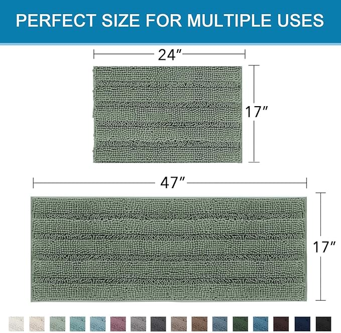 H.VERSAILTEX 2 Piece Bathroom Rugs Bath Mats Sets Super Absorbent Chenille Striped Bath Mats Non Skid Machine Wash Dry Rugs for Bathroom Floor (Green Bay, 47 x 17 Plus 17 x 24 - Inches)