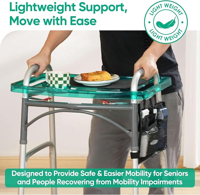 SoulThink® Full Transparency Walker Tray - Essential Walker Accessories Compatible with Most Walkers for Seniors, Walker Tray for Folding Walker with Utility Bag, Non-Slip Mat & Cup Holder (Green)