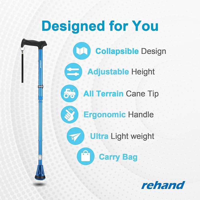REHAND Walking Cane - Foldable, Adjustable, Collapsible Walking Canes for Men & Women, Heavy Duty All Terrain Tip, with Travel Bag | Walking Sticks for Seniors & Adults