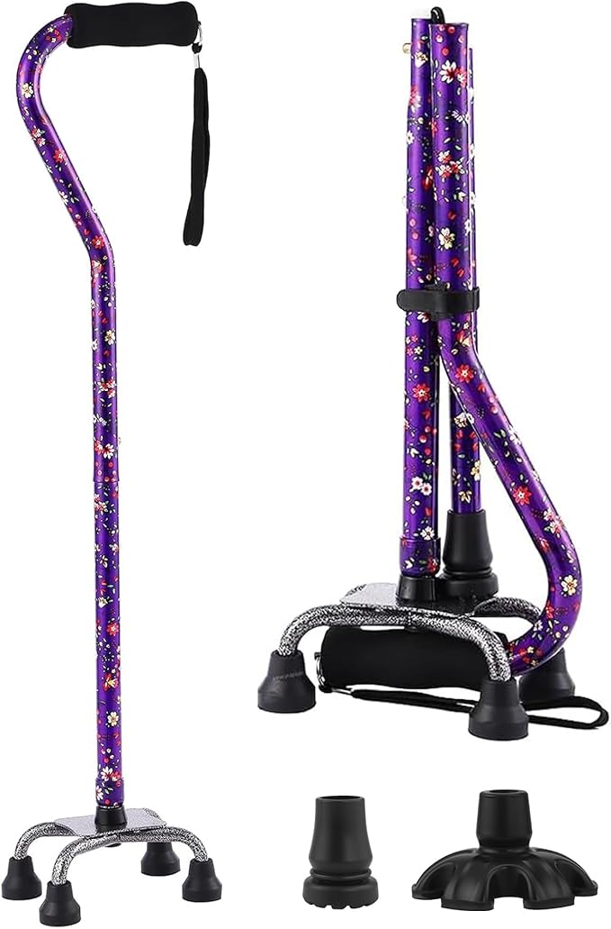 Walking Cane for Women & Men, Adjustable Quad Cane with 4-Prong Base for Stability and Balance, Folding Aluminum Walking Stick for Seniors