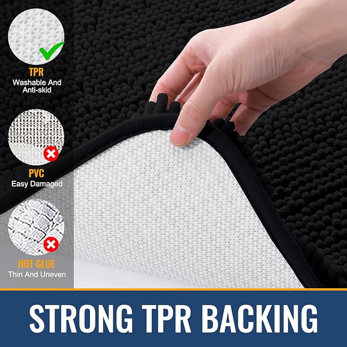 Arotive Bathroom Rugs 47x32, Extra Soft Absorbent Shaggy Chenille Bath Rugs, Machine Washable Rubber Backing Non-Slip Bath Mats for Bathroom Floor Tub and Shower, Home Decor Accessories, Black