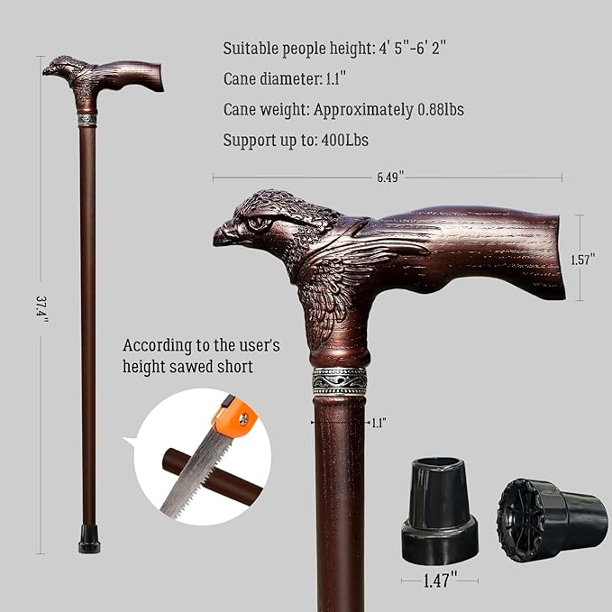 Hand Carved Wooden Walking Cane USA Made Eagle Carved Ergonomic Elegant Wood Canes for Men and Women Support up to 400 lbs Provide Stable Canes for Seniors for Daily Use and Gift Giving