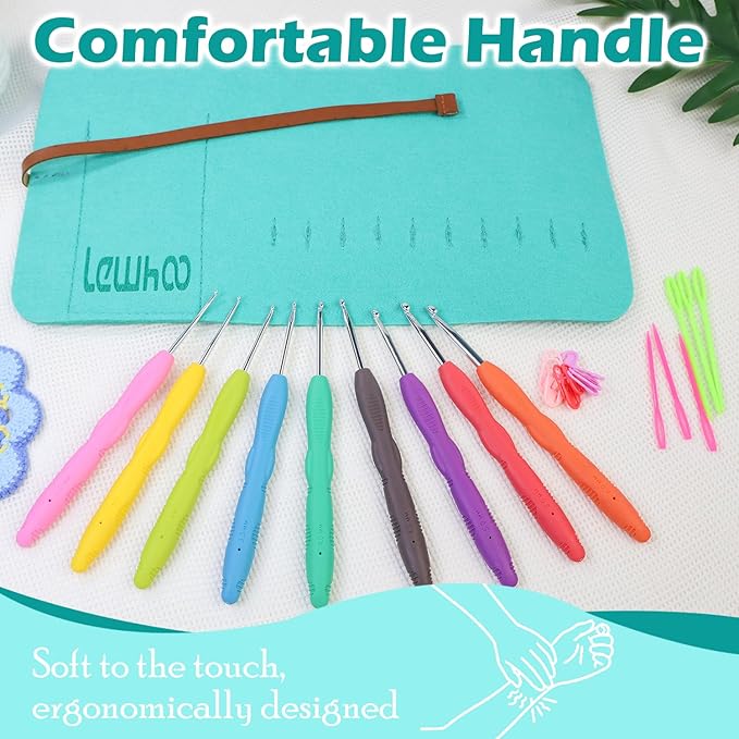 Lewhoo Crochet Hooks, 9 Size Ergonomic Crochet Hook Set with Roll Felt Case, Beginner Long Needle for Arthritic Hands, Size from 2.0mm-6.0mm/B-J