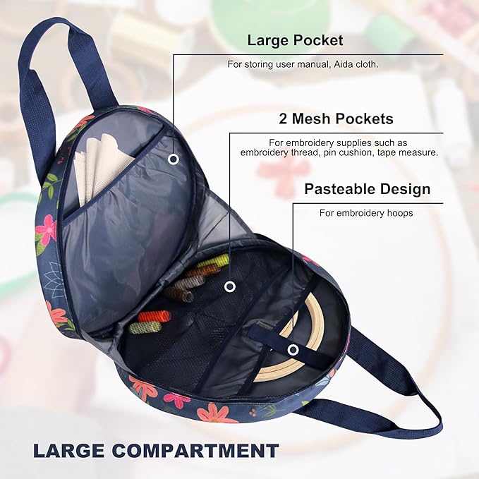 JLDTOP Round Embroidery Project Bag Embroidery Storage Organizer Cross Stitch Bag Floral for Floss, Hoops, Thread, Knitting Tools(Bag Only) (Blue Floral)