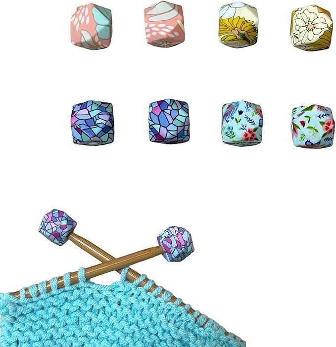 SPANSEE 8 PCS Hexagon Print Knitting Needle Stoppers, Knitting Needle End Caps, Stitch Stoppers, Fit Size 2.5-13 (3mm-9mm) Needles