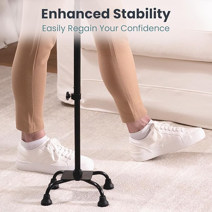 PELEGON Quad Cane (300 lb) - Adjustable Walking Cane with A Large 4 Pronged Base for Extra Balance & Stability, Walking Canes for Seniors, Walking Cane for Men & Women, Walking Sticks