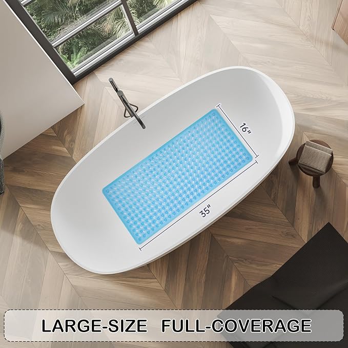 Linoows Non-Slip Bathtub and Shower Mats, Power Grip Bath Mat 35 x 16.3 Inch with Suction Cups and Drain Holes for Tub Bathroom Floor Safety, Machine Washable Soft Bathmat, Clear Blue