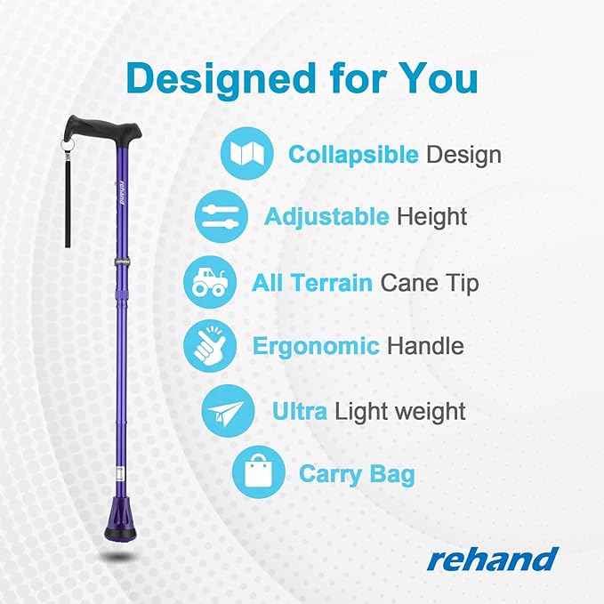 REHAND Walking Cane - Foldable, Adjustable, Collapsible Walking Canes for Men & Women, Heavy Duty All Terrain Tip, with Travel Bag | Walking Sticks for Seniors & Adults