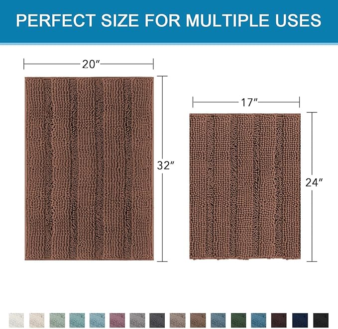 H.VERSAILTEX 2 Piece Bathroom Set Extra Thick Chenille Striped Pattern Bath Rugs for Bathroom Non Slip Soft Plush Shaggy Bath Mats for Floor(Caramel, 32 x 20 Plus 24 x 17 - Inches)