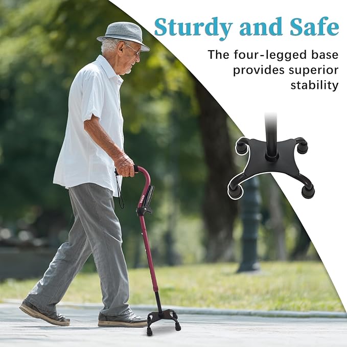 AOHHL Quad Walking Cane Foldable Adjustable Portable Stick Men & Women and Seniors - Lightweight & Sturdy with 4-Pronged Base for Extra Stability Balance,Self Standing Gifts for mom Dad