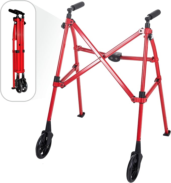 Stander Space Saver Walker, Lightweight Folding Rolling Mobility Aid for Seniors & Adults, Compact 2-Wheel Disability Device with 6-inch Wheels & Ski Glides for Walking Support, Sport Red