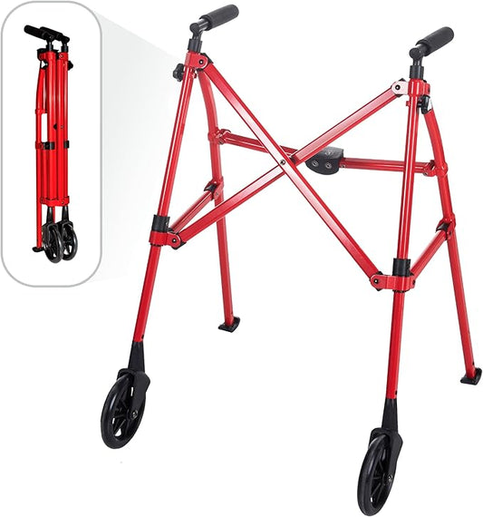 Stander Space Saver Walker, Lightweight Folding Rolling Mobility Aid for Seniors & Adults, Compact 2-Wheel Disability Device with 6-inch Wheels & Ski Glides for Walking Support, Sport Red