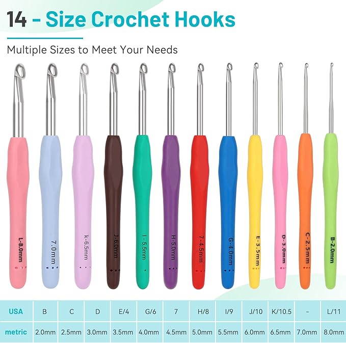 Coopay Crochet Hooks Set with Case, 12 Size Ergonomic Crochet Needles for Beginner Adult Arthritic Hands, 2mm(B)-8mm(L) Extra Long Knitting Hook for Crocheting Yarn- Great DIY Craft Christmas Gift