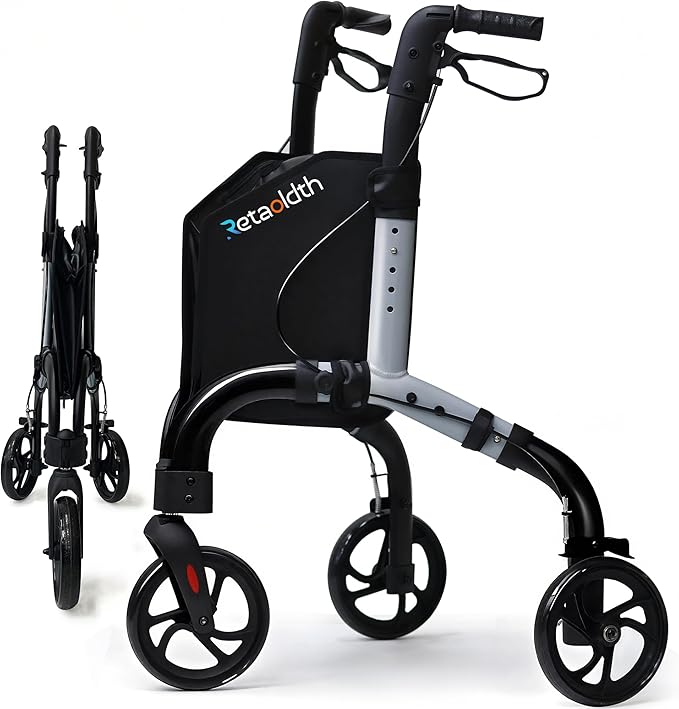 Premium 3 Wheel Rollator Walker for Seniors, Lightweight Foldable Elderly Three Wheeled Rollator with Storage Bag, Aluminum Mobility Aid Rolling Walker