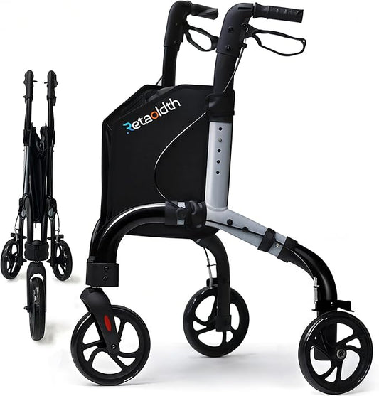Premium 3 Wheel Rollator Walker for Seniors, Lightweight Foldable Elderly Three Wheeled Rollator with Storage Bag, Aluminum Mobility Aid Rolling Walker