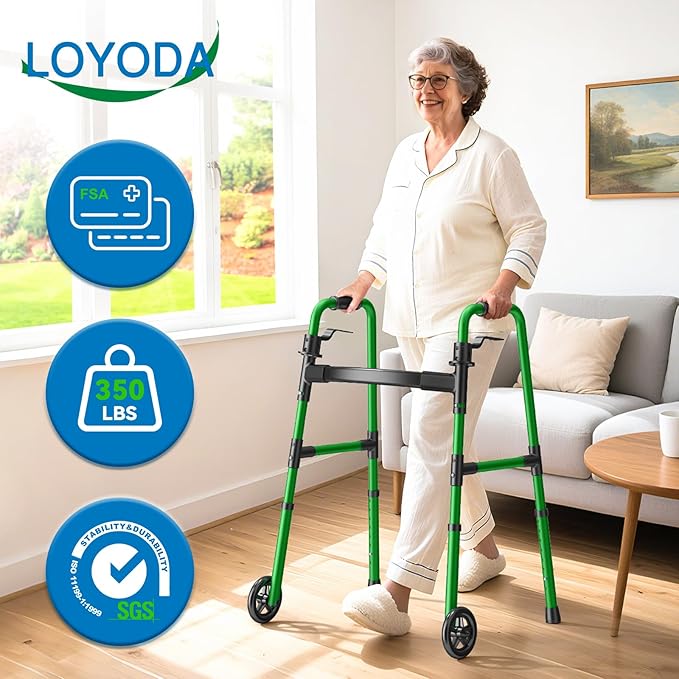 Folding Walker with 2 Skis and 5" Wheels, Lightweight Walkers for Seniors and Adults, Supports Up to 350 Pounds, Adjustable Height, Compact Standard Walker, Green